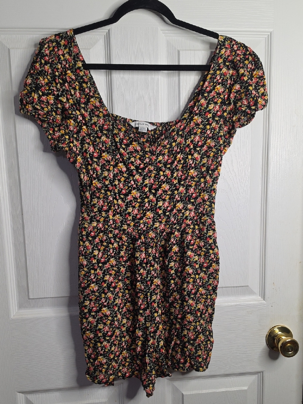 American Eagle Outfitters Black Floral Romper with Pink & Yellow Flowers